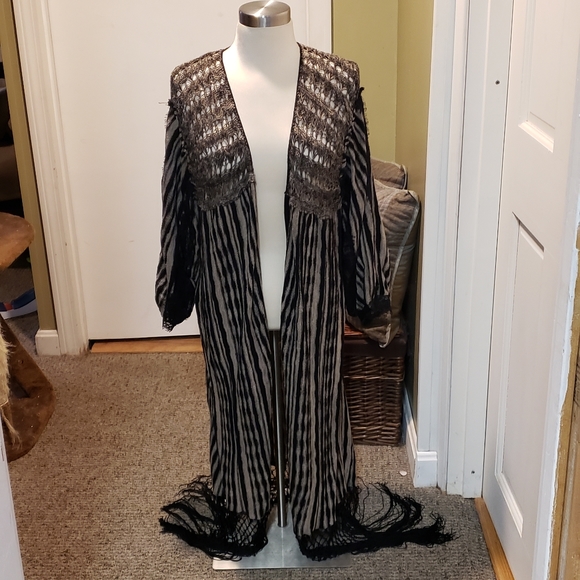 Free People Tops - Free People Black and Cream Striped Fringe Kimono Cardigan